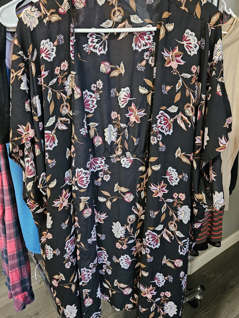 Maurices Black Floral Sheer Kimono with Pink & Tan Blooms